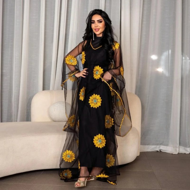 Embroidery Yellow Dress - Abito lungo da donna con ricami