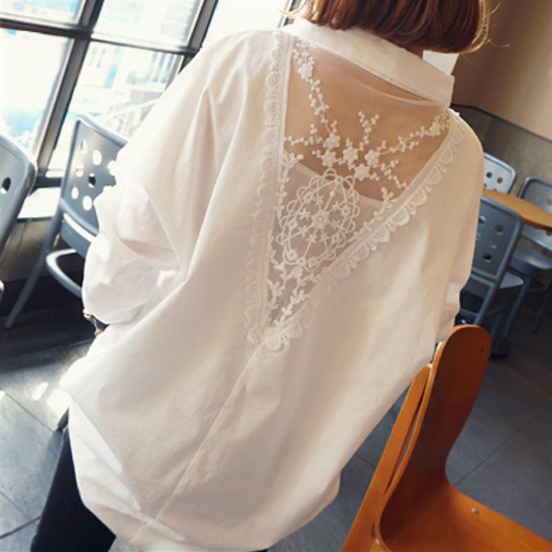 Embroidery Cotton Shirt - Moda scollo a v ricamo garza